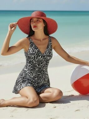 LANDS END Black & White Bathing Suit Swim Dress. Optional Cross Straps UPF 50. M
